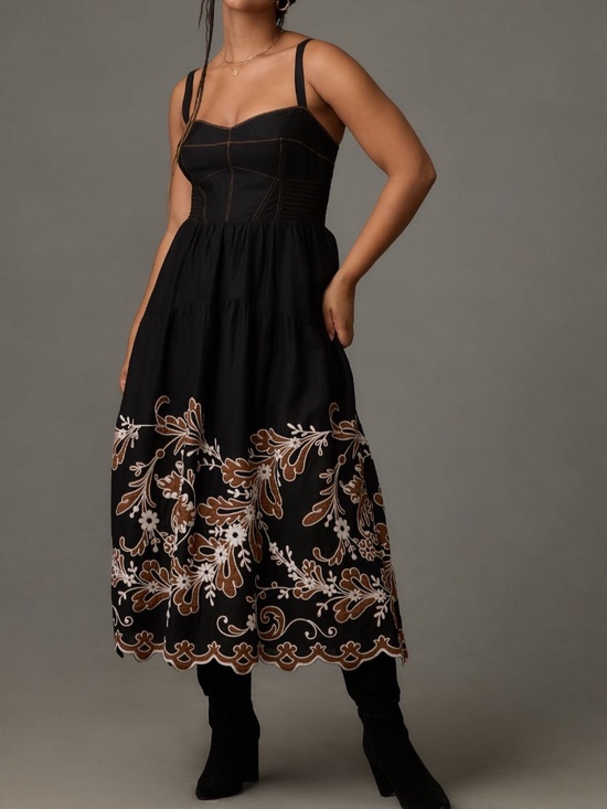 Anthropologie Dresses & Skirts - By Anthropologie Embroidered Corset Midi Dress | Black Appliqué | 2X